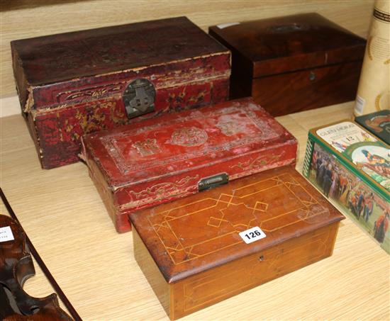 Two Edwardian walnut work boxes and two Chinese embossed red leather boxes